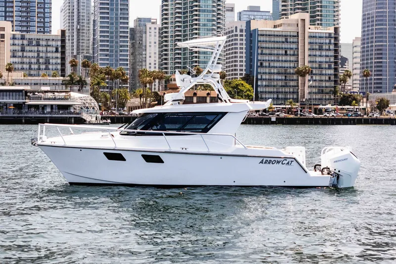 Slide: The Image of 2021 ArrowCat 320 boat cruising in urban waterfront setting with skyscrapers in background. - 6