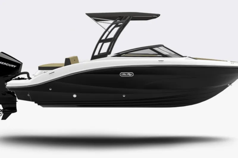 The Image of 2026 Sea Ray SPX 210 Outboard boat, sleek black and white design, side view. - 0