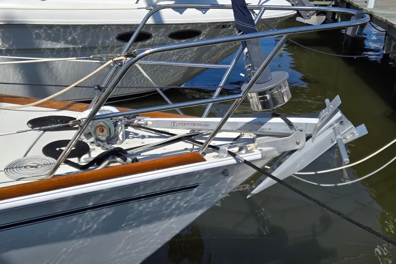 Slide: The Image of Bow of a 1990 Pearson 385 sailboat with anchor and rigging details. - 2