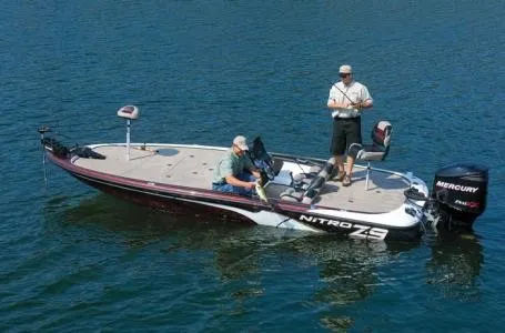 Slide: The Image of Two people fishing on a Nitro Z9 CDC boat on a calm lake. - 4