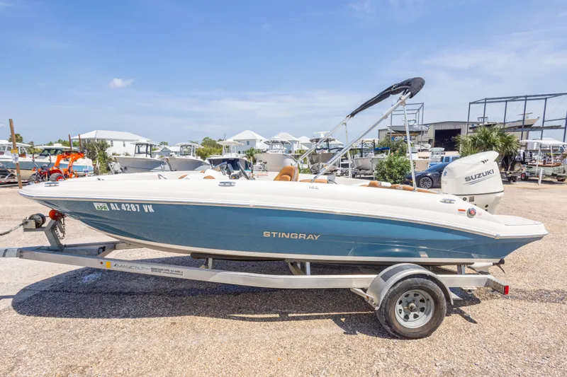 Slide: The Image of 2021 Stingray 182 SC boat on trailer, displayed outdoors under clear blue sky. - 15