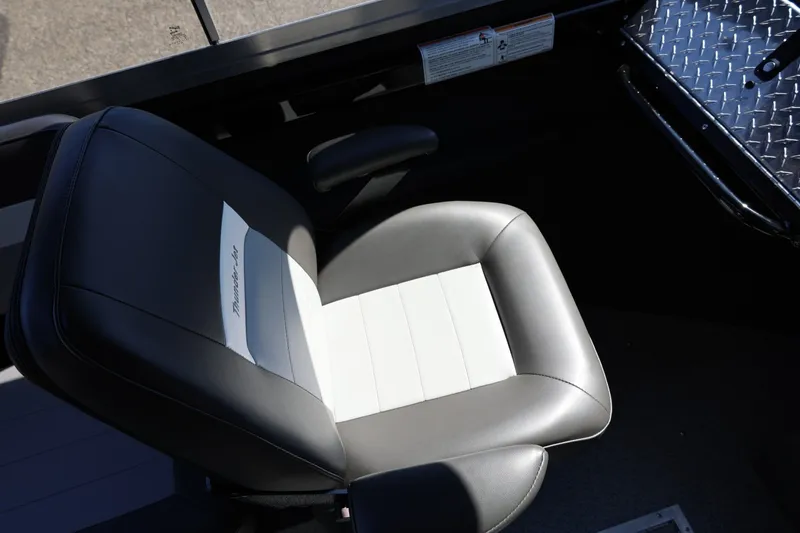 Slide: The Image of 2025 Thunder Jet 200 Luxor boat seat with black and white upholstery. - 50