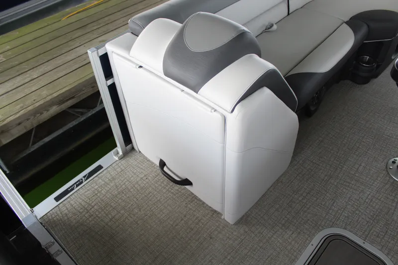 Slide: The Image of The image shows the seating area of a 2024 Avalon LSZ RF 2585 with gray and white upholstery. - 14