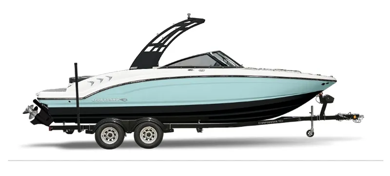 The Image of A 2027 Chaparral SSI 23 boat on a trailer, featuring a sleek black and blue design. - 1