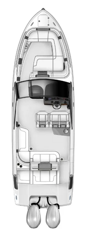 Slide: The Image of The image shows a top view of the 2027 Chaparral OSX 280 boat with twin outboard engines. - 2