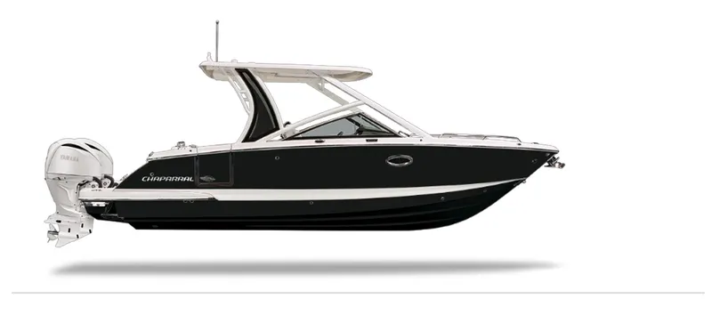 The Image of A sleek, modern boat with a black hull and white accents, featuring an outboard motor. - 1