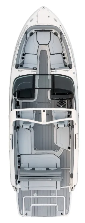 Slide: The Image of Overhead view of a modern 2027 Chaparral SSX 6 boat with gray and white seating. - 2