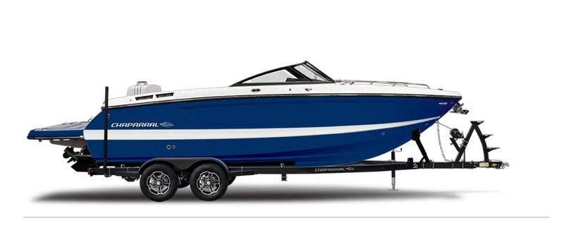The Image of A 2027 Chaparral SSX 6 boat on a trailer. It features a blue hull and sleek design. - 1