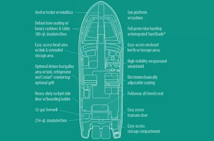 Slide: The Image of Manufacturer Provided Image: Diagram of 2021 Grady-White Freedom 325 boat layout with labeled features. - 31