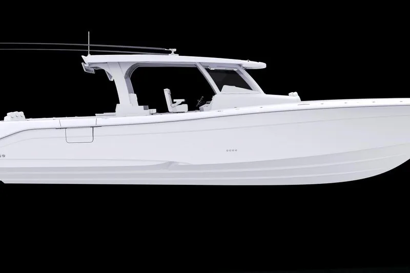 Slide: The Image of 2026 HCB 48 Campeon boat, sleek white design, side view on black background. - 22