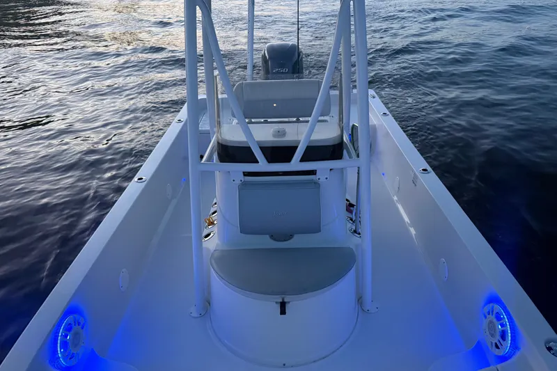 Slide: The Image of 2015 Ranger boat with blue LED lights on calm water. - 28