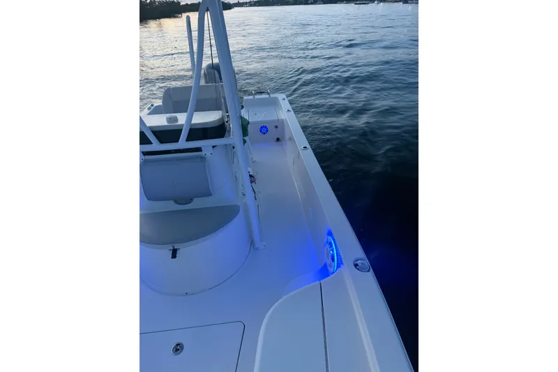 Slide: The Image of 2015 Ranger boat with blue LED lights on calm water at sunset. - 29