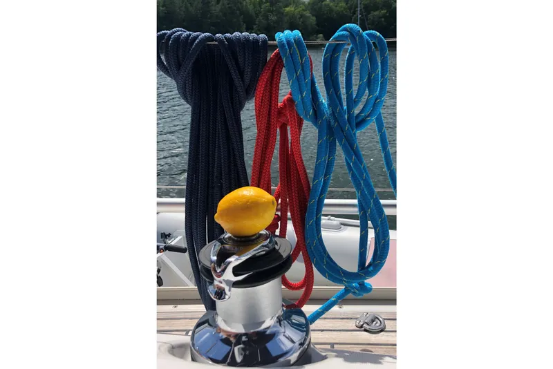 Slide: The Image of Colorful ropes and a lemon on a Jeanneau Sun Odyssey 37 sailboat, 2004 model. - 19