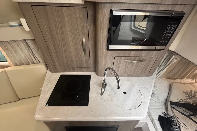 Slide: The Image of Compact kitchen area in a 2019 Regal 28 Express boat with microwave and sink. - 29