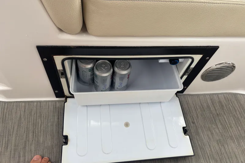 Slide: The Image of Built-in cooler with drinks on a 2019 Regal 28 Express boat. - 17