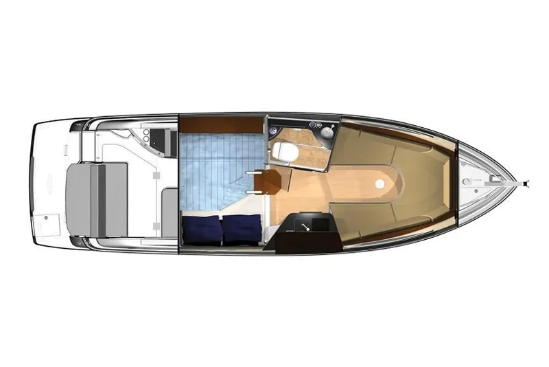Slide: The Image of Manufacturer Provided Image: 2019 Regal 28 Express boat interior layout with cabin, seating, and bathroom. - 13