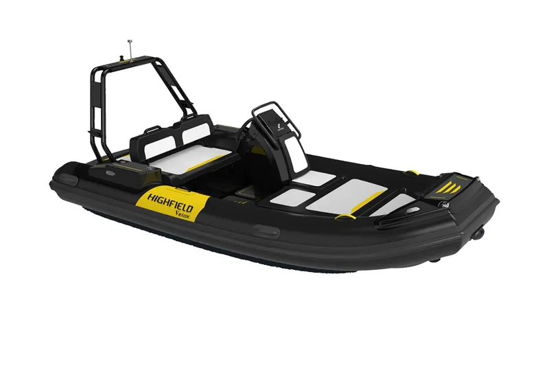 Slide: The Image of Manufacturer Provided Image: 2025 Highfield Velox 420 inflatable boat, black and yellow design, side view. - 19