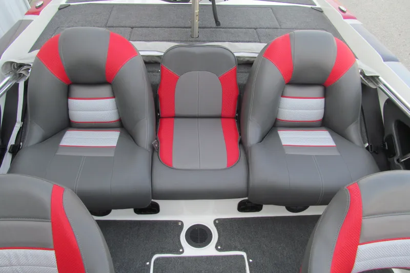 Slide: The Image of 2024 Ranger 212LS boat interior with gray and red seating arrangement. - 13