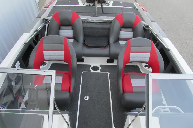 Slide: The Image of 2024 Ranger 212LS boat interior with red and gray seating, showcasing modern design. - 11