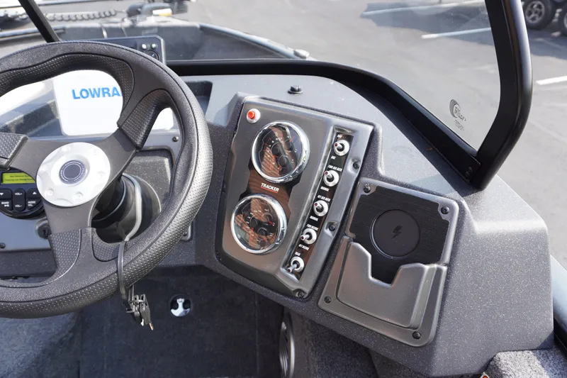 Slide: The Image of Dashboard of 2027 Tracker Pro Guide V-175 Combo boat with steering wheel and gauges. - 5