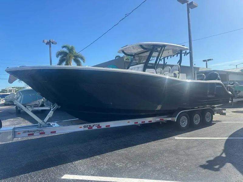 Slide: The Image of Sea Fox 328 Commander 2025 on a trailer, ready for the water. - 3