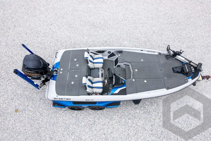 Slide: The Image of 2020 Skeeter FXR20 Limited fishing boat, aerial view, featuring dual seats and Yamaha engine. - 36