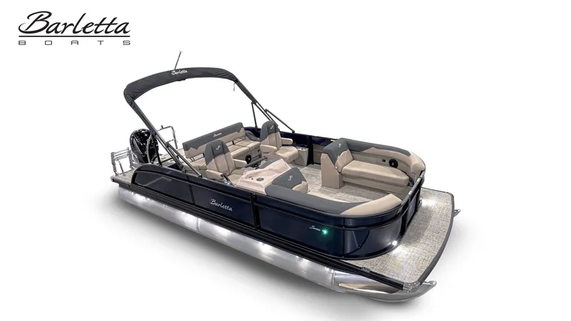 Slide: The Image of A sleek pontoon boat with beige seating and a black frame, perfect for leisure activities on the water. - 4