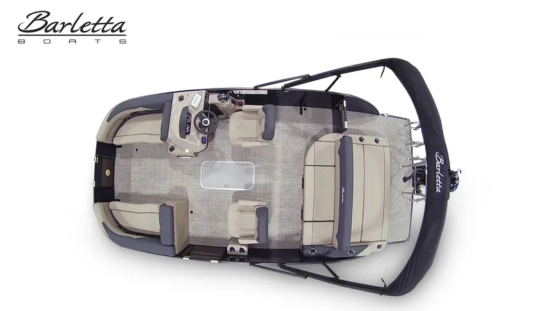 Slide: The Image of Top view of a Barletta SANZA 22UC pontoon boat with beige seating and black sunshade. - 7