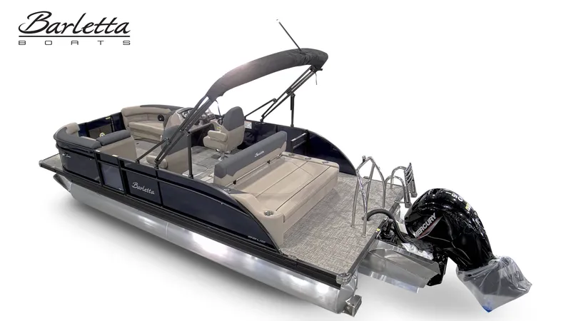 Slide: The Image of The image shows a 2027 Barletta SANZA 22UC pontoon boat with sleek design and an outboard motor. - 2