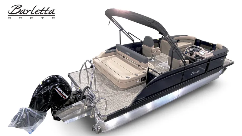 Slide: The Image of The image shows a 2027 Barletta SANZA 22UC pontoon boat with a Mercury outboard motor. - 5
