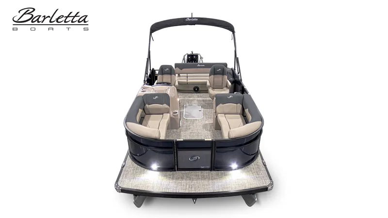 Slide: The Image of The image shows a 2027 Barletta SANZA 22UC pontoon boat with elegant seating and a Bimini top. - 3