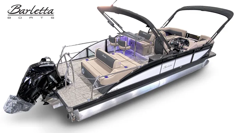 Slide: The Image of Barletta CABRIO C24UE 2027: Luxurious pontoon boat with stylish design, spacious deck, and powerful outboard motor. - 5