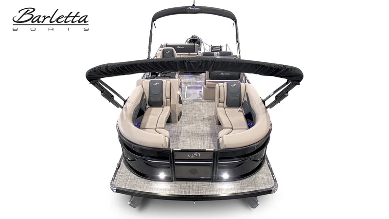 Slide: The Image of The image shows a Barletta CABRIO C24UE pontoon boat with sleek seating and modern design. - 3