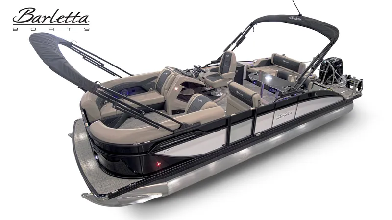 The Image of The image shows a 2027 Barletta CABRIO C24UE pontoon boat with sleek seating and a sunshade. - 1