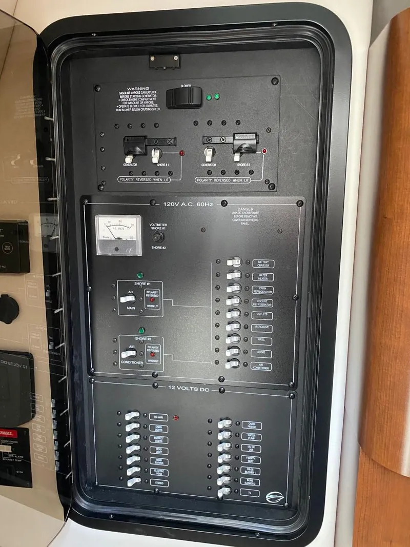 Slide: The Image of Electrical control panel with various switches and indicators, installed in a boat. - 22