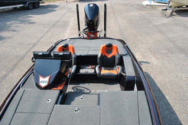 Slide: The Image of 2021 Blazer 650 Pro Tour boat with dual seats and advanced dashboard. - 12