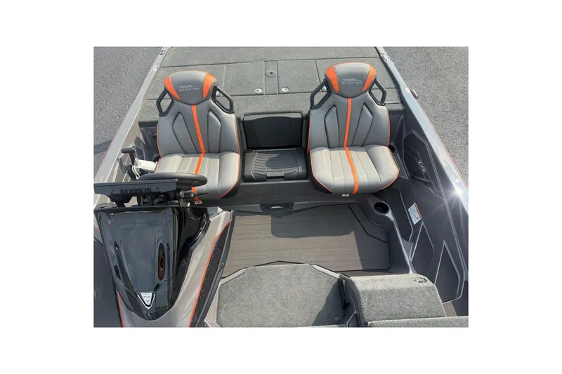 Slide: The Image of 2027 Skeeter ZXE20 boat interior with dual gray and orange seats, sleek design. - 25
