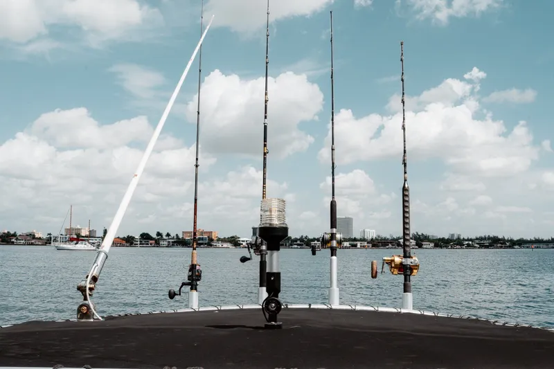 Slide: The Image of Fishing rods on a 1996 Mako 231 Center Console boat, with a scenic waterfront view. - 26