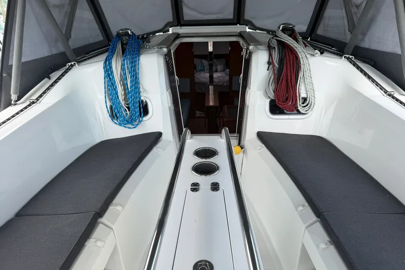 Slide: The Image of Interior view of 2022 Jeanneau Sun Odyssey 349 Performance sailboat cockpit. - 8