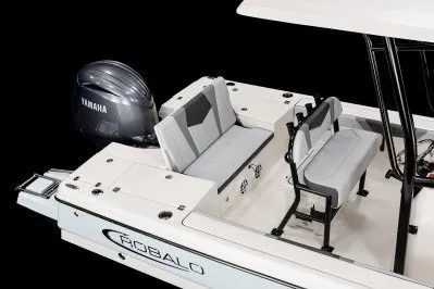 Slide: The Image of 2027 Robalo 226 Cayman boat with Yamaha engine, featuring comfortable seating and sleek design. - 2