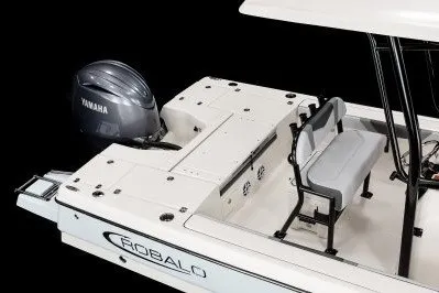 Slide: The Image of 2027 Robalo 226 Cayman boat with Yamaha engine, featuring spacious seating and sleek design. - 1