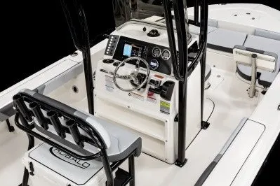 Slide: The Image of 2027 Robalo 226 Cayman boat interior with modern console and seating. - 5