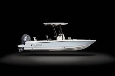 Slide: The Image of 2027 Robalo 226 Cayman boat, side view, sleek design, black background. - 12