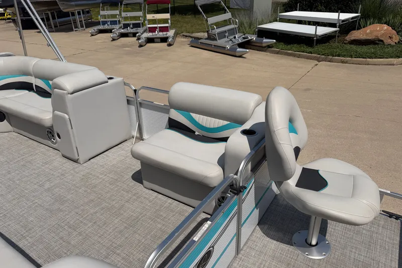 Slide: The Image of Pontoon boat interior with gray and teal seating, Quest Edge 820, 2020 model. - 4