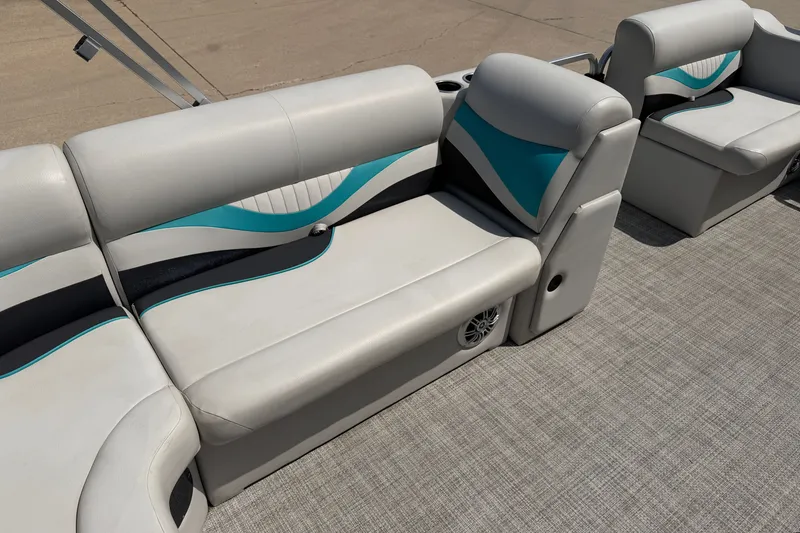 Slide: The Image of Modern boat seating with teal and black accents, Quest Edge 820, 2020 model. - 10