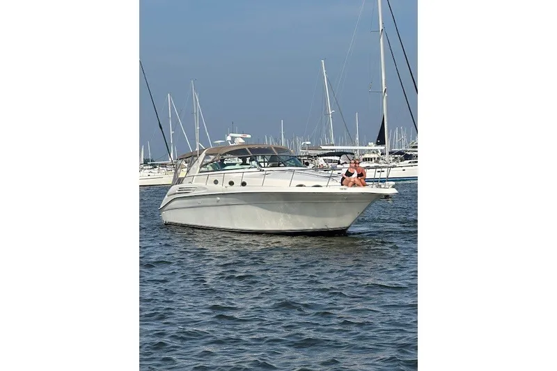 The Image of 1996 Sea Ray 450 Sundancer yacht on water, with person relaxing on deck. - 0