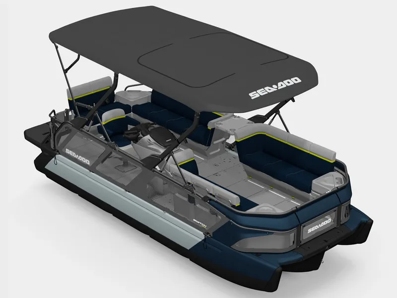 Slide: The Image of The image shows a Sea-Doo Switch Cruise Limited 21 boat with double bimini and 300 hp. - 2