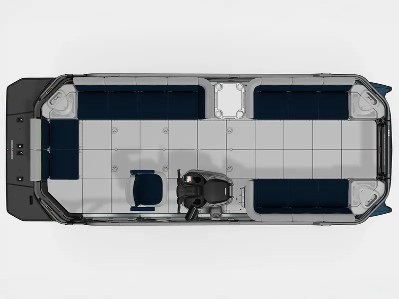 Slide: The Image of Sea-Doo Switch Cruise Limited 21 with spacious deck and blue seating benches. - 4