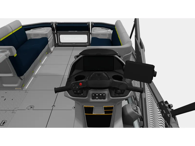 Slide: The Image of The image shows the cockpit of a Sea-Doo Switch Cruise Limited 21 with double bimini. It features a modern steering wheel and digital display. - 5