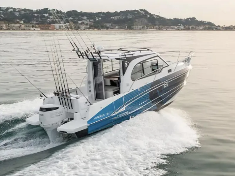Slide: The Image of Manufacturer Provided Image: 2026 Beneteau Antares 8 Fishing boat cruising on calm waters, equipped with fishing rods. - 2